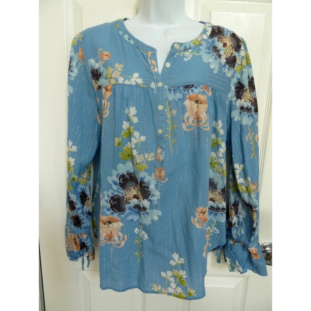 LOFT Sz L 12/14 Pullover Blouse 1/2 Button Ruffled Tie Sleeves Cottagecore